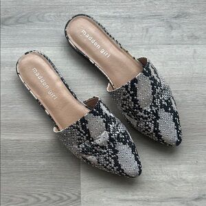 Madden Girl Black and Gray Snake Print Mules